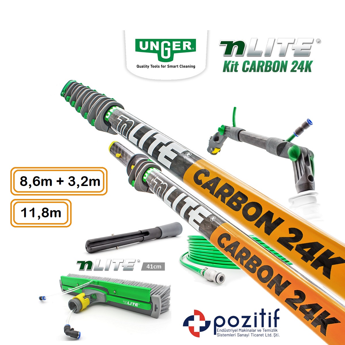 kit-unger-nlite-carbon-24k Unger nLITE – CARBON 24k – Teleskobik Sırık Seti - Dış Cephe ve Güneş Paneli Yıkama - 11.80m - Görsel 1