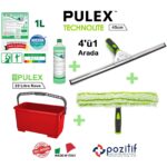 Pulex Profesyonel Ev ve İş yeri Cam Tem. Seti - 45cm Technolite Camçek + Peluş + Kova + Özel Cam Deterjanı